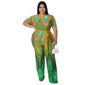 Plus Size Jumpsuit Manufacturer - Women Fashion Sexy Slash Neck Printing Wide Leg Romper