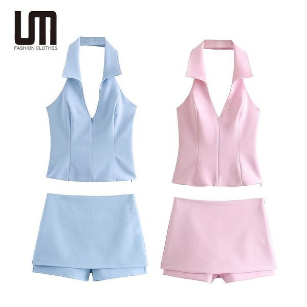 Women Two Piece Set Manufacturer - Liu Ming 2024 Spring Summer Halter Neck Tank Tops + Skirt