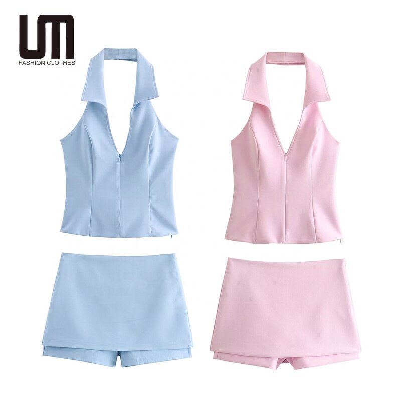 Women Two Piece Set Manufacturer - Liu Ming 2024 Spring Summer Halter Neck Tank Tops + Skirt