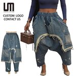 Denim Pant Manufacturer - Custom Logo Women Harem Ripped Hip Hop Punk Elastic Waist Washed