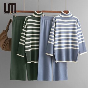Women Two Piece Set Manufacturer - Liu Ming 2025 Autumn Winter Turtleneck Sweater + Straight Pants