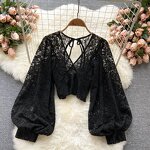 Lace Blouse Manufacturer - Liu Ming Women Summer Sexy V Neck Puff Long Sleeve See Through