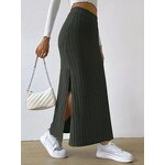 Knitted Maxi Skirt Manufacturer - Liu Ming Women Fall Winter High Waist Striped Slim Slit