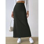 Knitted Maxi Skirt Manufacturer - Liu Ming Women Fall Winter High Waist Striped Slim Slit