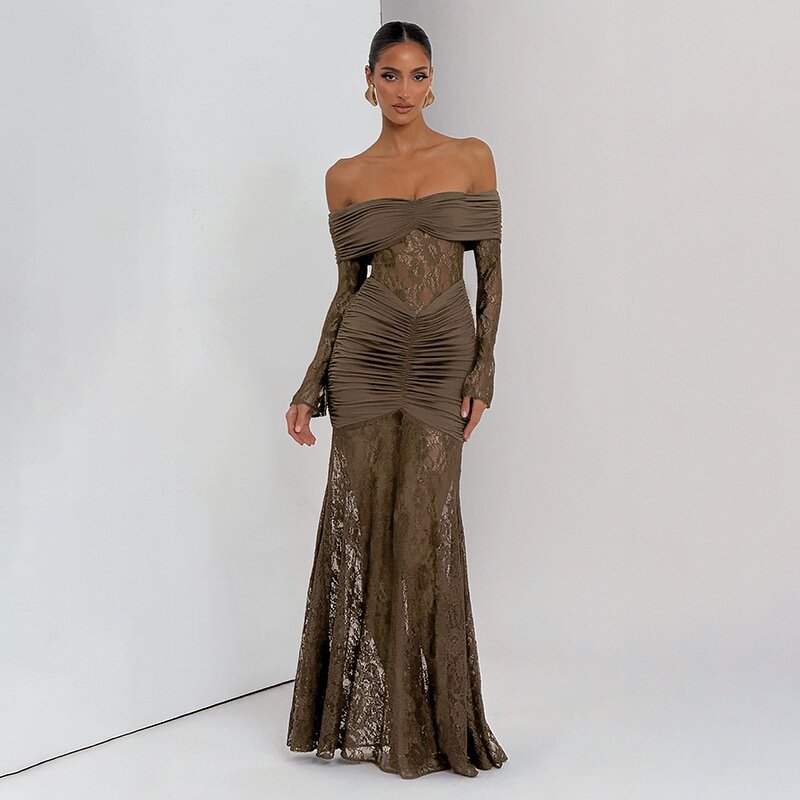 Pleated Skirt Dress Manufacturer - Women Chic One-Shoulder Autumn Lace Long Sleeve Casual