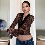 Crop Top Manufacturer - 2026 Mesh Print V Neck Long Flare Sleeve Sexy Club Wear