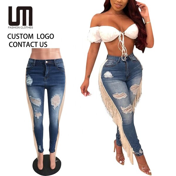Denim Pants Manufacturer - 2025 Custom Logo Y2K Hole Tassel High Waist Straight Slim