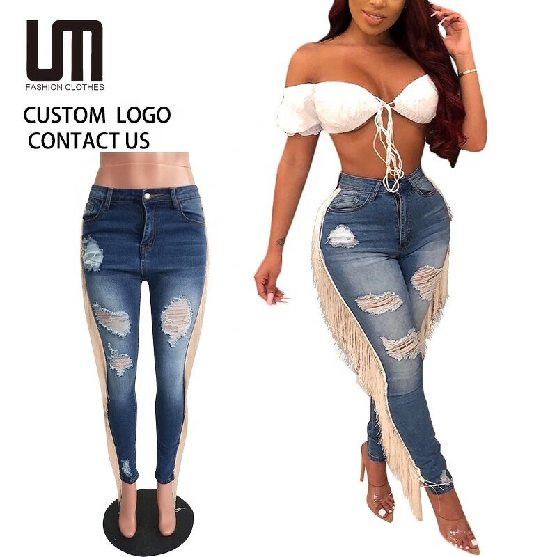 Denim Pants Manufacturer - 2025 Custom Logo Y2K Hole Tassel High Waist Straight Slim