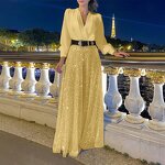 Evening Jumpsuit Manufacturer - Liu Ming Women Elegant Sequin Wide Leg Long Sleeve V Neck