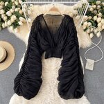 Chiffon Blouse Manufacturer - Liu Ming 2024 Women Sexy V Neck Puff Long Sleeve Slim Draped