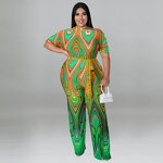 Plus Size Jumpsuit Manufacturer - Women New Fashion Sexy Slash Neck Printing Wide Leg Outfit
