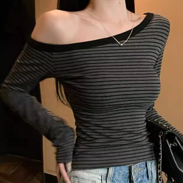 Long Sleeve T-Shirt Manufacturer - 2026 Vintage Striped One Shoulder Korean Casual