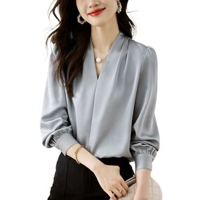 V-Neck Blouse Manufacturer - Women Solid Color Button Detail Mature Spring Autumn Summer