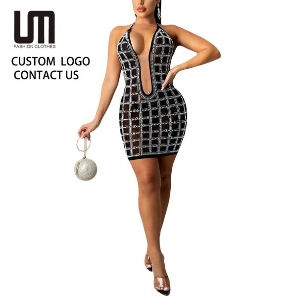 Bodycon Dress Manufacturer - 2026 Rhinestone Halter Backless Mesh Sheer Mini