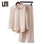 Women Two Piece Set Manufacturer - Liu Ming Autumn Streetwear Casual Cotton Linen Shirt + Pants
