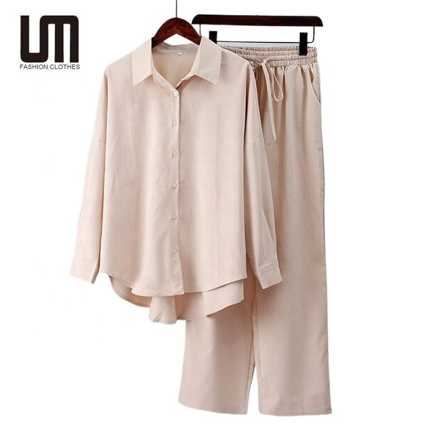 Women Two Piece Set Manufacturer - Liu Ming Autumn Streetwear Casual Cotton Linen Shirt + Pants