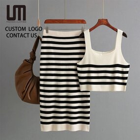 Women Two Piece Set Manufacturer - Clearance Summer Contrast Striped Vest & Skirt Sling