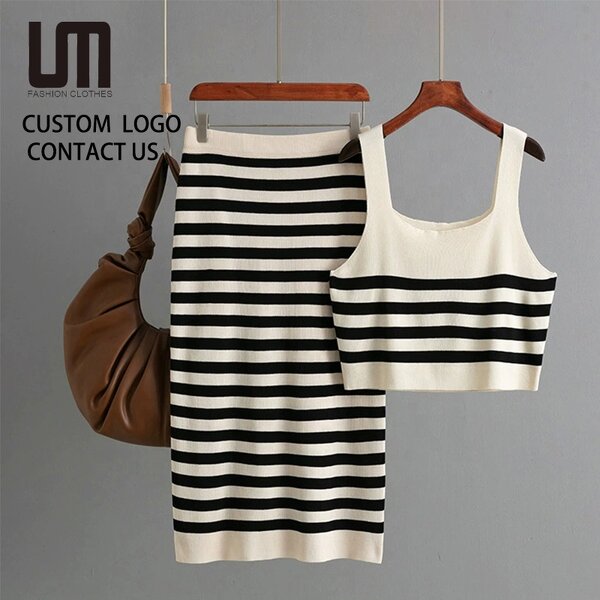 Women Two Piece Set Manufacturer - Clearance Summer Contrast Striped Vest & Skirt Sling