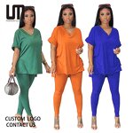 Women Two Piece Set Manufacturer - Liu Ming Custom Logo Printed V Neck T Shirt + Pants