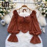 Chiffon Blouse Manufacturer - Liu Ming Women Summer Sexy Flare Sleeve Ruffle Halter Backless
