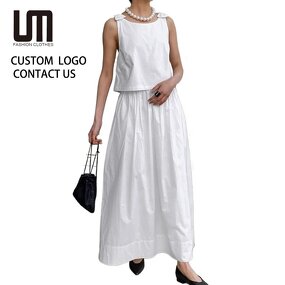 Women Two Piece Set Manufacturer - OEM White Sleeveless Vest Top + High Waist A-Line Skirt