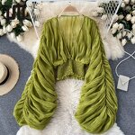 Chiffon Blouse Manufacturer - Liu Ming 2024 Women Sexy V Neck Puff Long Sleeve Slim Draped