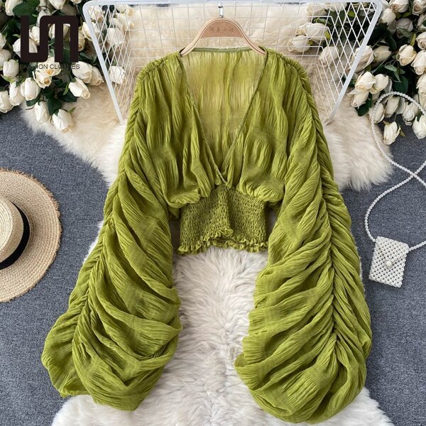 Chiffon Blouse Manufacturer - Liu Ming 2024 Women Sexy V Neck Puff Long Sleeve Slim Draped