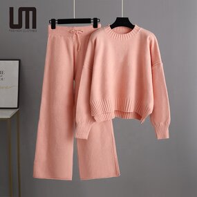 Women Two Piece Set Manufacturer - Liu Ming 2025 Autumn O Neck Sweater Pullover + Wide Leg Pants