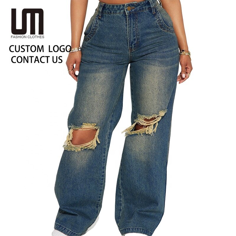 Denim Pants Manufacturer - 2026 Women Vintage Y2K Loose Wide Leg Mid Waist Hole Straight