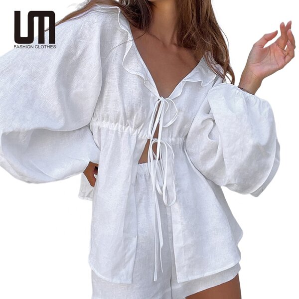 Women Two Piece Set Manufacturer - Liu Ming Summer Loose Cotton Linen Shirt + Elastic Shorts