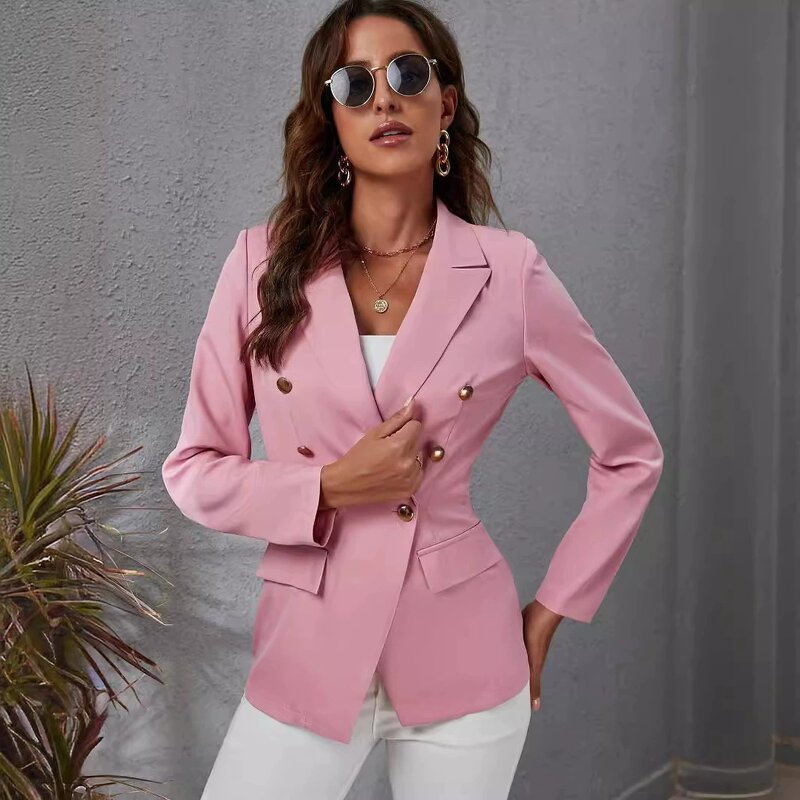 Women Blazer Manufacturer - Elegant V-neck Solid Long Sleeve Single Button Work Office Jacket