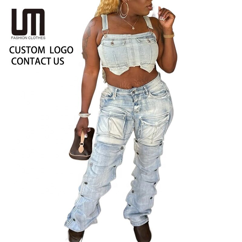 Cargo Jeans Manufacturer - Custom Logo Women High Waist Distressed Multiple Pockets Streetwear