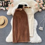 Corduroy Skirts Manufacturer - Liu Ming 2024 Vintage Women High Waist Belted A Line Long