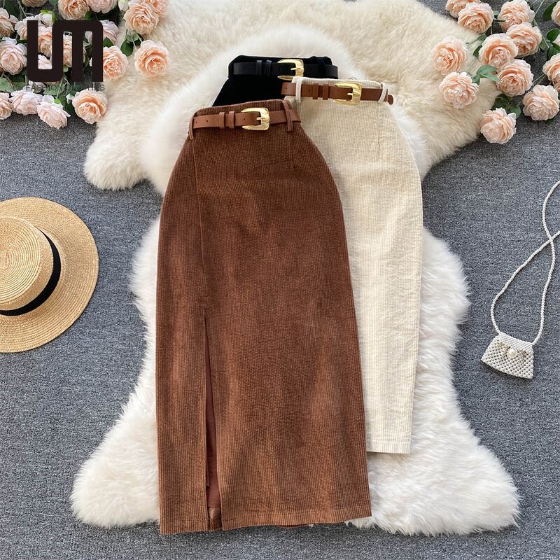 Corduroy Skirts Manufacturer - Liu Ming 2024 Vintage Women High Waist Belted A Line Long