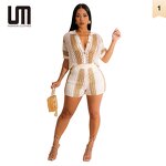 Women Two Piece Set Manufacturer - Liu Ming Summer Crochet Knitted Hollow Out Top + Shorts
