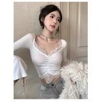 Lace T-Shirt Manufacturer - 2026 Korean Deep V-Neck Y2K Cropped Pleated Flared Sleeve