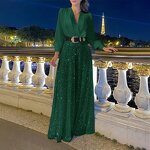 Evening Jumpsuit Manufacturer - Liu Ming Women Elegant Sequin Wide Leg Long Sleeve V Neck