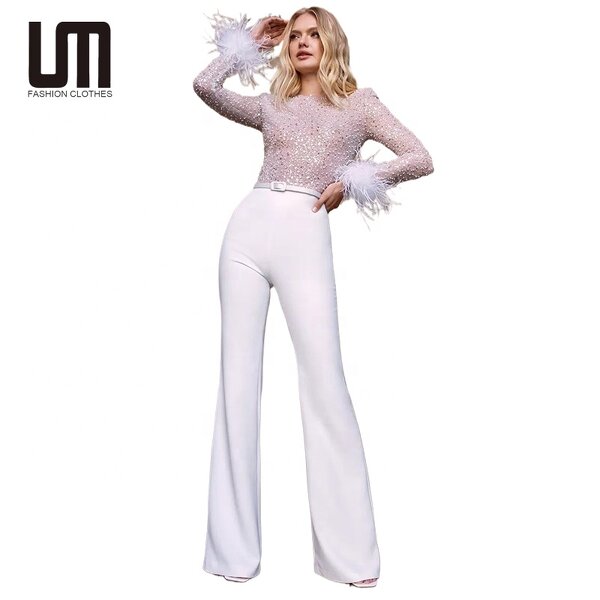 Party Jumpsuit Manufacturer - Liu Ming Women Sexy Slim Overalls Feather Shiny Sequin