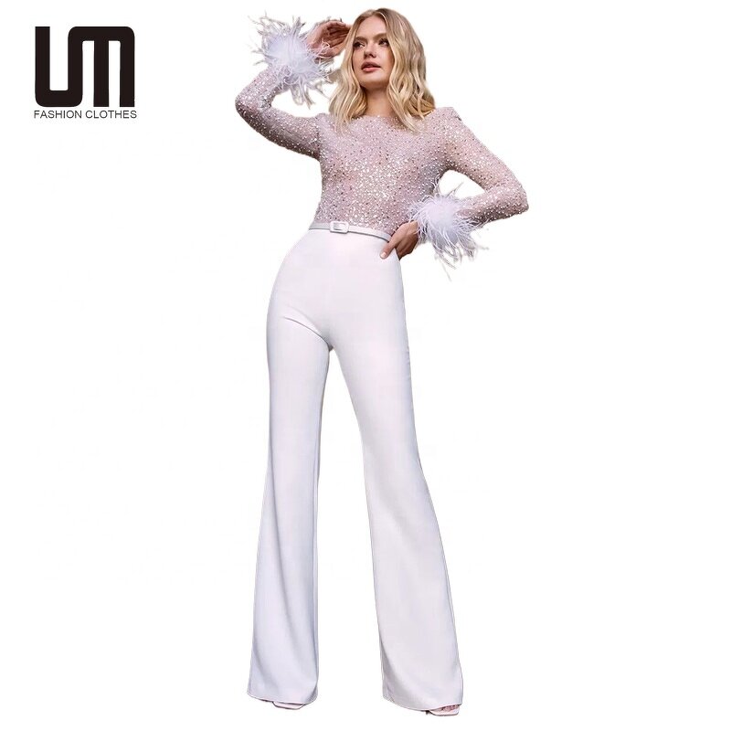 Party Jumpsuit Manufacturer - Liu Ming Women Sexy Slim Overalls Feather Shiny Sequin