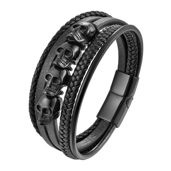 Leather Bracelet Manufacturer - Multi-layer Skull Charm Magnetic Mens Stainless Steel