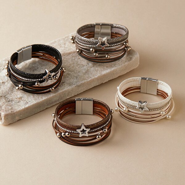 Leather Bracelet Manufacturer - Punk Magnetic PU Multi-layer Bohemian Diamond Women