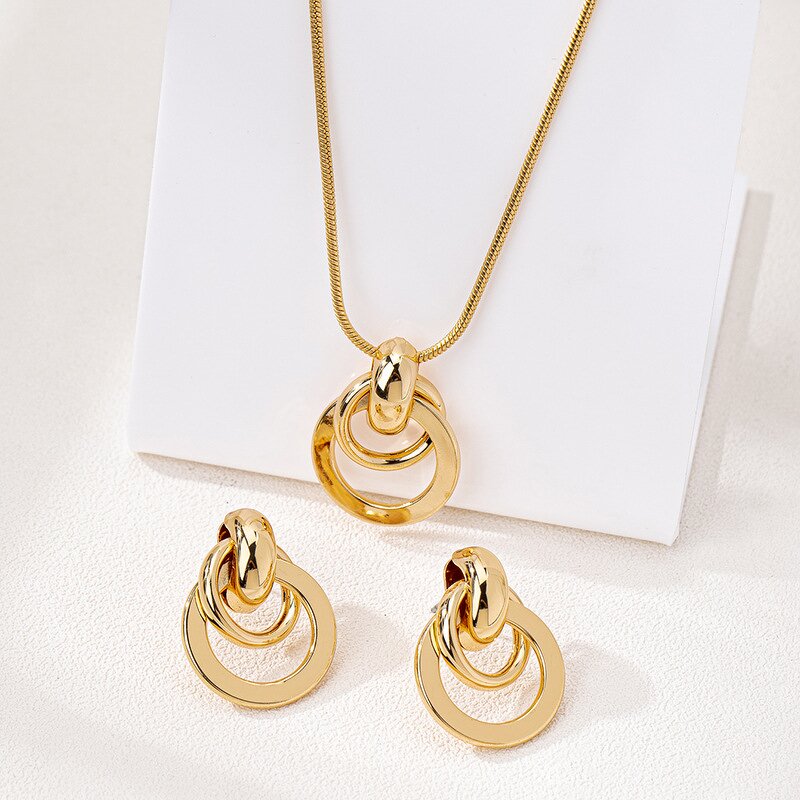 Jewelry Set Manufacturer - Vintage Gold Geometric Circle Necklace Earrings Daily