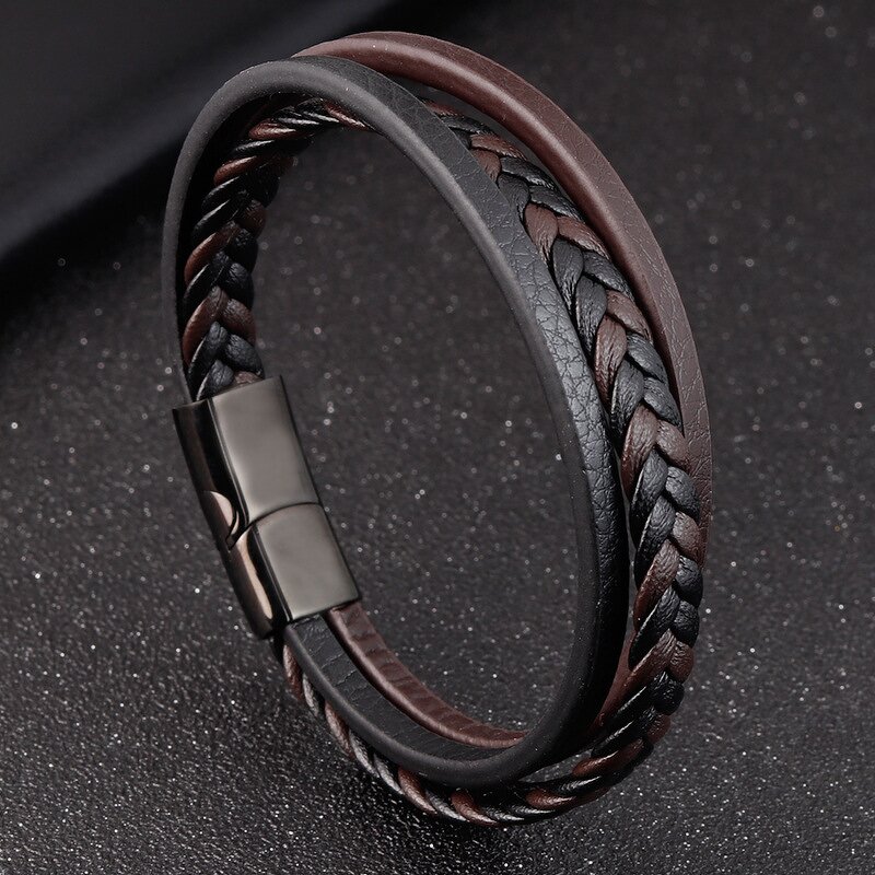Bangle Bracelet Manufacturer - Stainless Steel Black Color Leather Mens Jewelry