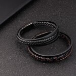 Bangle Bracelet Manufacturer - Stainless Steel Black Color Leather Mens Jewelry