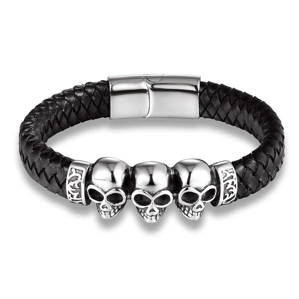 Leather Bracelet Manufacturer - Punk Braided Skull Titanium Steel Mens Wholesale