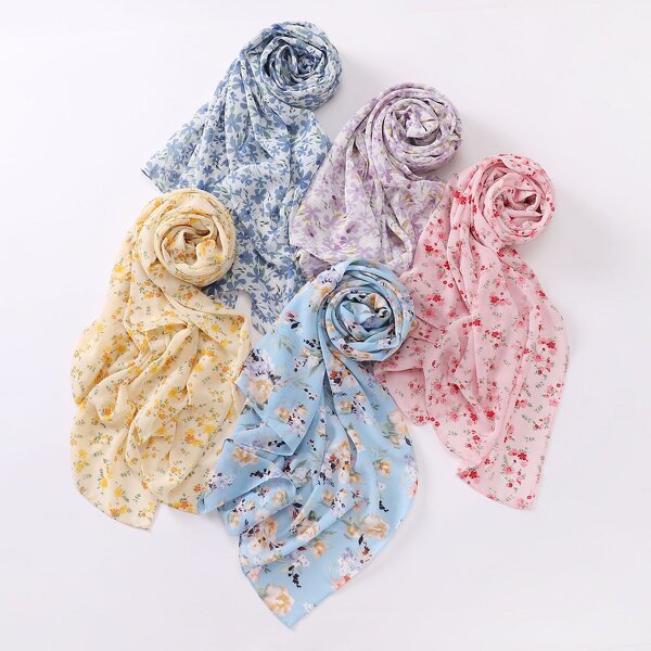 Headscarf Manufacturer - Pearl Chiffon Printed Floral Oil Painting Style Women Muslim Shawl Hijab