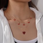 Collar Necklace Manufacturer - Red Tiered Cherry Tassel Gold Plated Love Heart Women Summer Party Gift