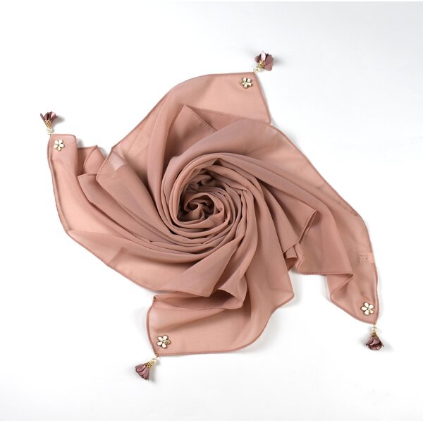 Headscarf Manufacturer - Solid Pearl Chiffon Square Muslim Floral Tassel Women Hijab Scarf