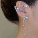 Cuff Jewelry Manufacturer - Gold Plated Butterfly Zircon Flower Long Tassel Non-Piercing Girls Trendy
