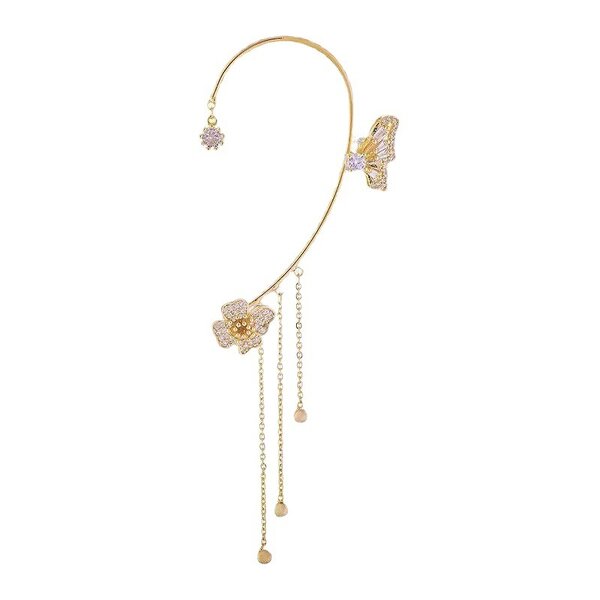 Cuff Jewelry Manufacturer - Gold Plated Butterfly Zircon Flower Long Tassel Non-Piercing Girls Trendy